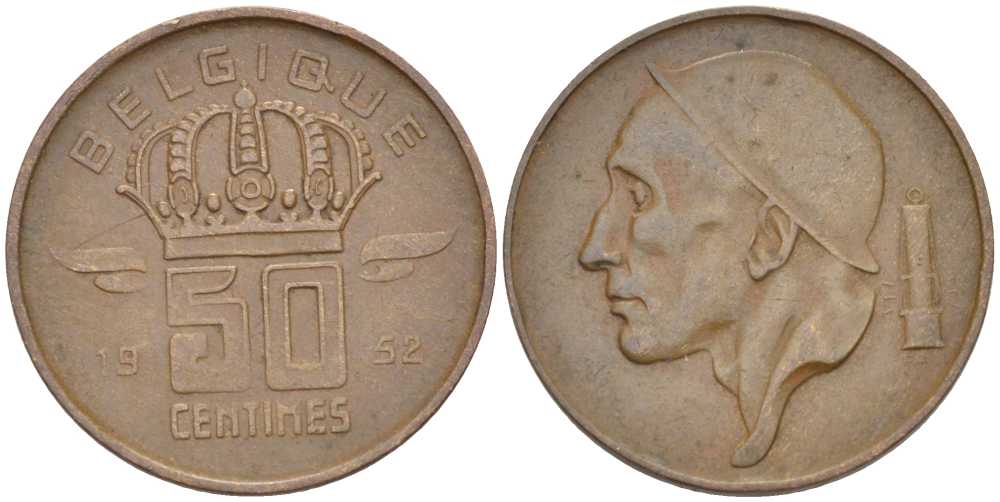БЕЛЬГИЯ 50 САНТИМОВ 1952 BELGIQUE KM 144 бронза 4387-1258