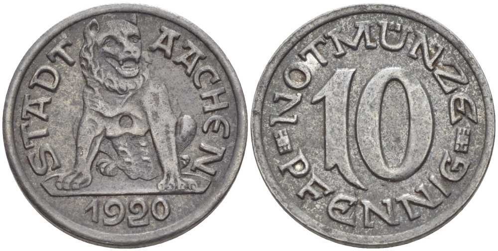 Германия, Ахен 10 пфеннигов 1920 нотгельд, земля Северный Рейн-Вестфалия Funck 1.1 железо 175-151