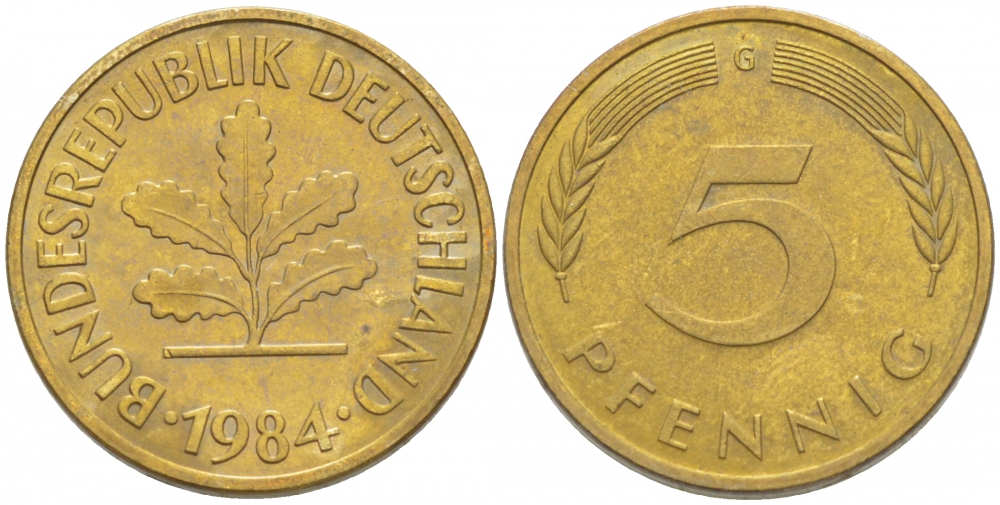 ФРГ 5 ПФЕННИГОВ 1984 G KM 107, J. 382 сталь плакированная латунью 3996-1159