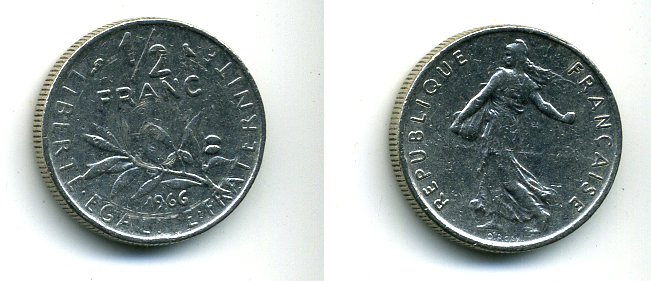 ФРАНЦИЯ 1/2 ФРАНКА 1966 СЕЯТЕЛЬ KM 931.1, LE FRANC 198.5 никель 46-343