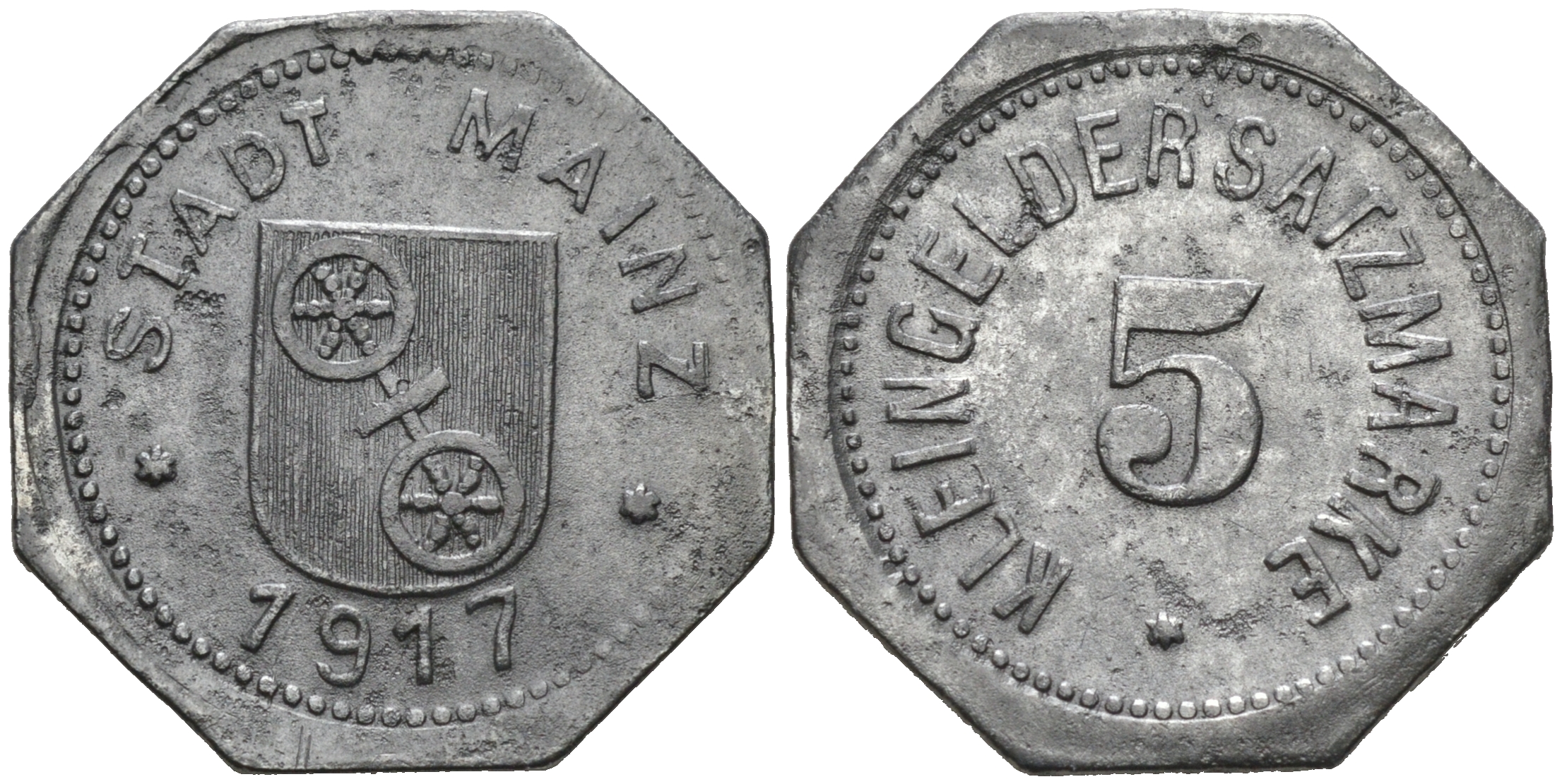ГЕРМАНИЯ ГЕССЕН МАЙНЦ 5 ПФЕННИГОВ 1917 КЛЯЙНГЕЛЬД цинк 75-1624