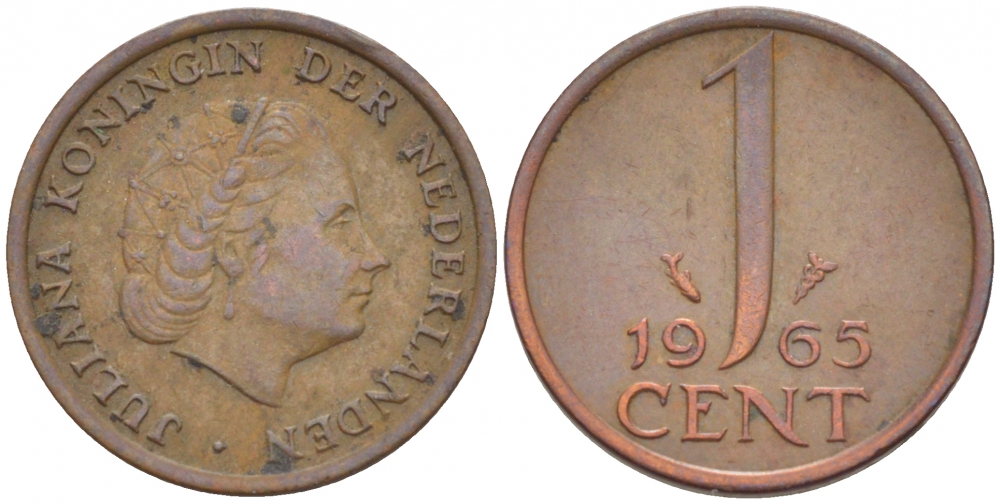 Нидерланды 1 цент 1965 Юлиана (1948-1980) КМ 180 бронза 3457-1024
