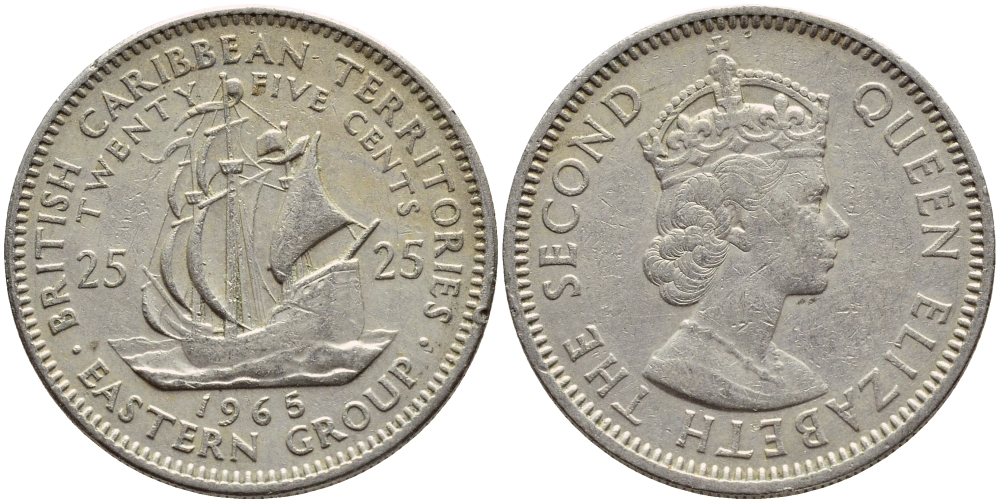Британские Восточно-Карибские территории 25 центов 1965 Елизавета II (1952-2022), парусник KM 6 медно-никель 83-1746