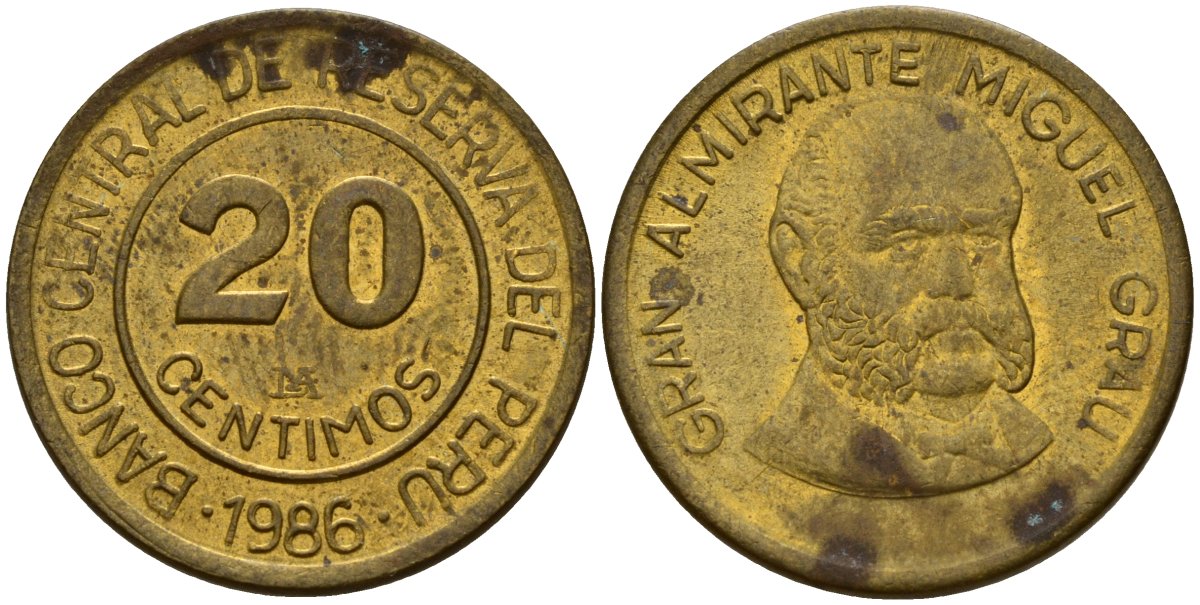 Перу 20 сентимо 1986 Мигель Грау Семинарио KM 294 латунь 4158-732