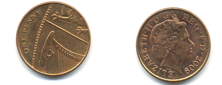 Великобритания 1 пенни 2009 Елизавета II (1952-2022) KM 1107, Spink B6 сталь плакированная медью 177-1156