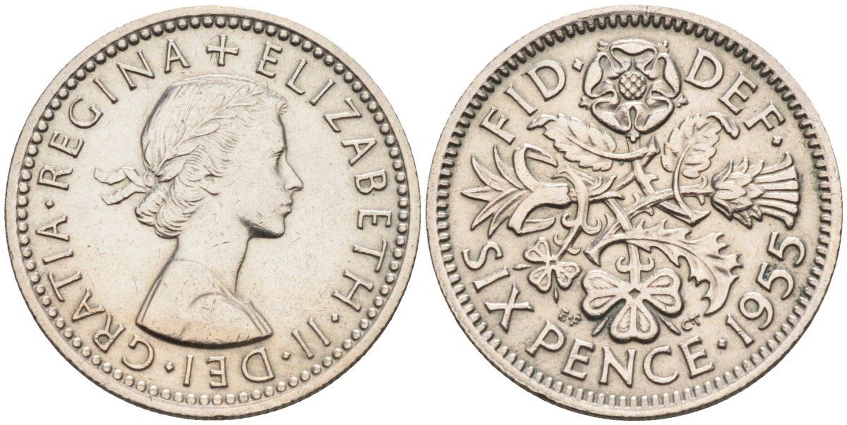 Великобритания 6 пенсов 1955 Елизавета II (1952-2022) KM 903, Spink 4149 медно-никель 4594-351