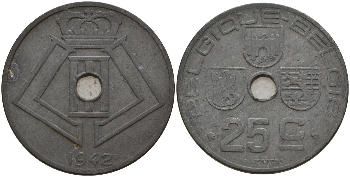 Бельгия 25 сантимов 1942 Belgique - Belgie, Леопольд III (1934-1947), германская оккупация, Вторая мировая война KM 131 цинк 4157-441