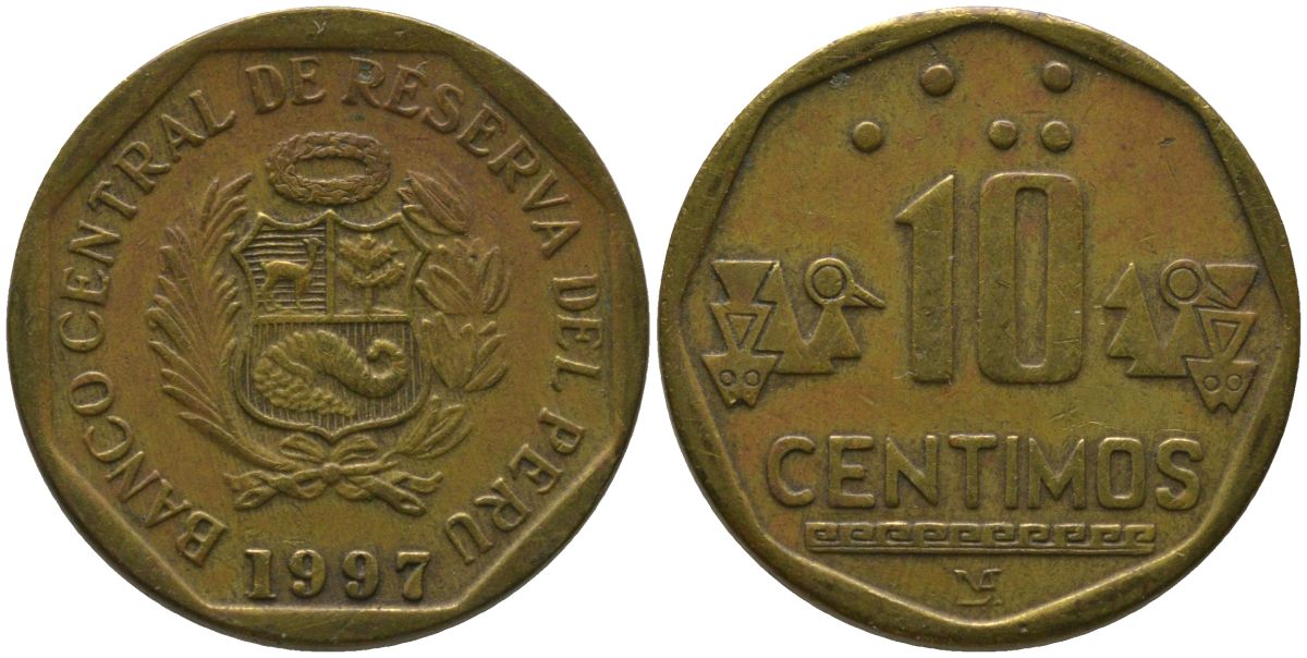 Перу 10 сентимо 1997 LIMA KM 305.2, Schon 104 латунь 4543-712