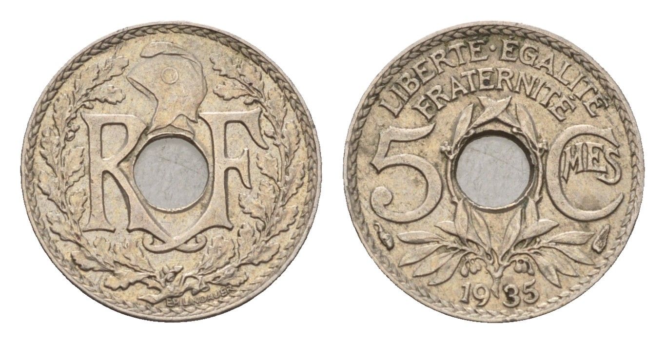 Франция 5 сантимов 1935 KM 875 медно-никель 4651-855