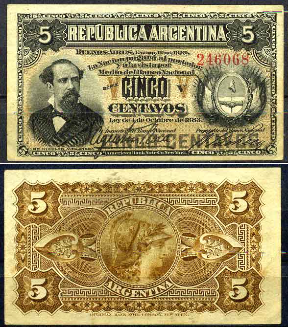 Аргентина 5 сентаво 1883 (1884) серия V, Николас Авельянеда (1837-1885) Pick 5 бумага XF+  000-00-00