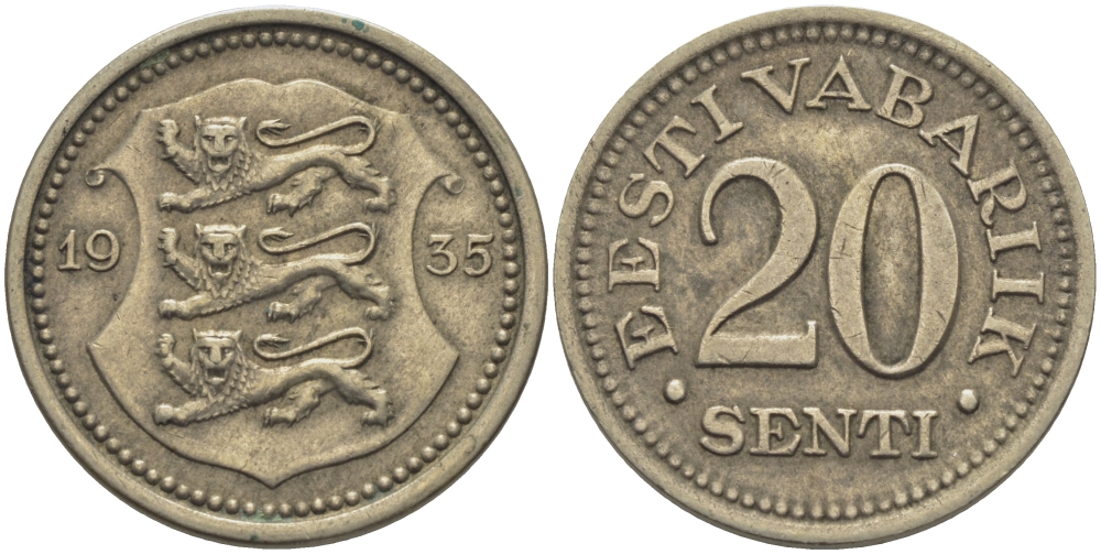 Эстония 20 центов 1935  Республика (1928-1940) KM 17 никель бронза 25-1217