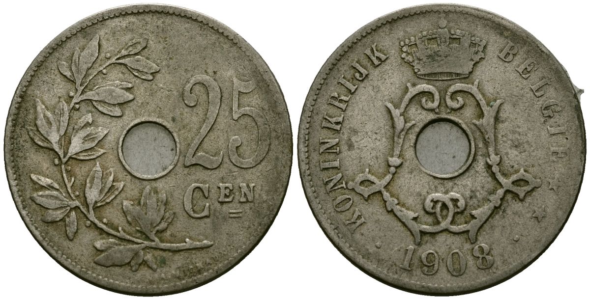 Бельгия 25 сантимов 1908 Belgie KM 63 медно-никель 4165-642
