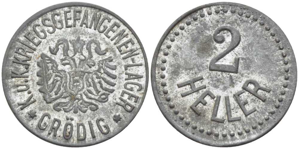 Австрия 2 геллера ND лагерные деньги, лагерь Grodig, лагерь военнопленных , нотгельд, K.u.K. Kriegsgefangenenlager, лагерьгельд, лагерь Гредиг близ города Бернау-на-Инне  цинк    206-1112