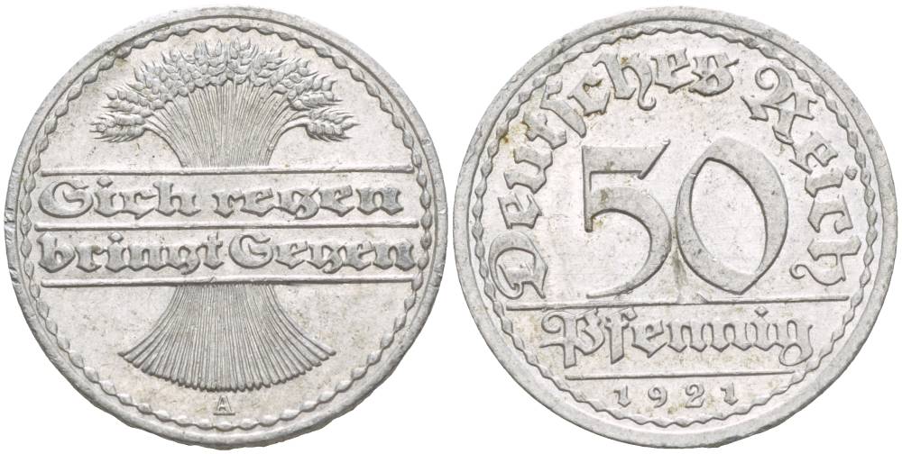 Германия 50 пфеннигов 1921 A KM 27, J.301, Weege 10 алюминий 4551-1224