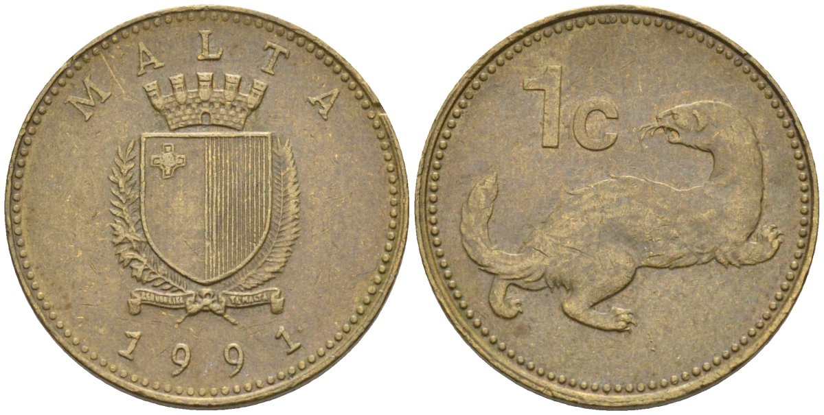 Мальта 1 цент 1991 ласка, горностай KM 93 никель латунь 4585-1157