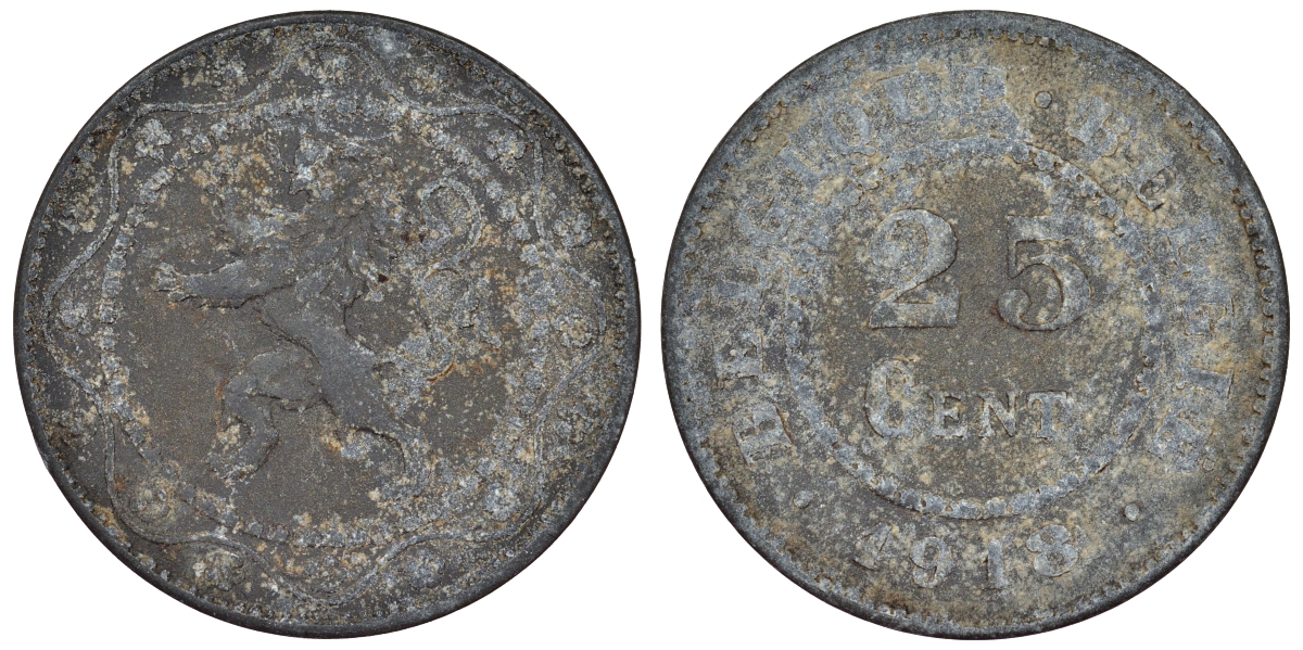 Бельгия 25 сантимов 1918 германская оккупация, первая мировая война KM 82 цинк 4121-537
