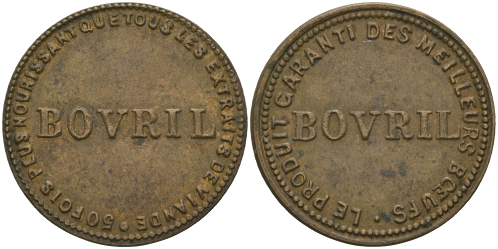 Англия жетон, токен ND BOVRIL, КОМПАНИЯ, ЛОНДОН-ПАРИЖ, В 50 РАЗ БОЛЬШЕ МЯСА, РЕКЛАМНЫЙ ТОКЕН КОНЦЕНТРАТА МЯСНОГО БУЛЬОНА, ДИАМЕТР 21,5 ММ. бронза 99-446