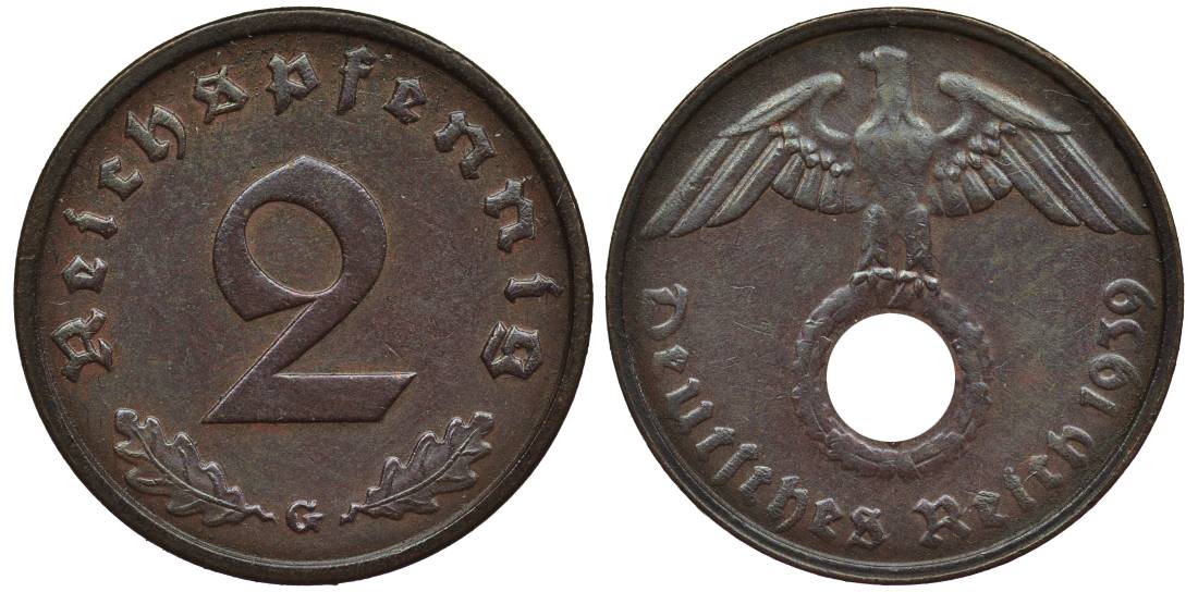 ГЕРМАНИЯ 2 РЕЙХСПФЕННИГА 1939 G KM 90, Jager 362 бронза 4546-923