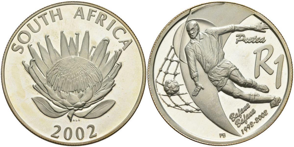 ЮАР 1 ранд 2002 чемпионат мира по футболу в Южной Корее и Японии KM 277 серебро PROOF 1096-2-12