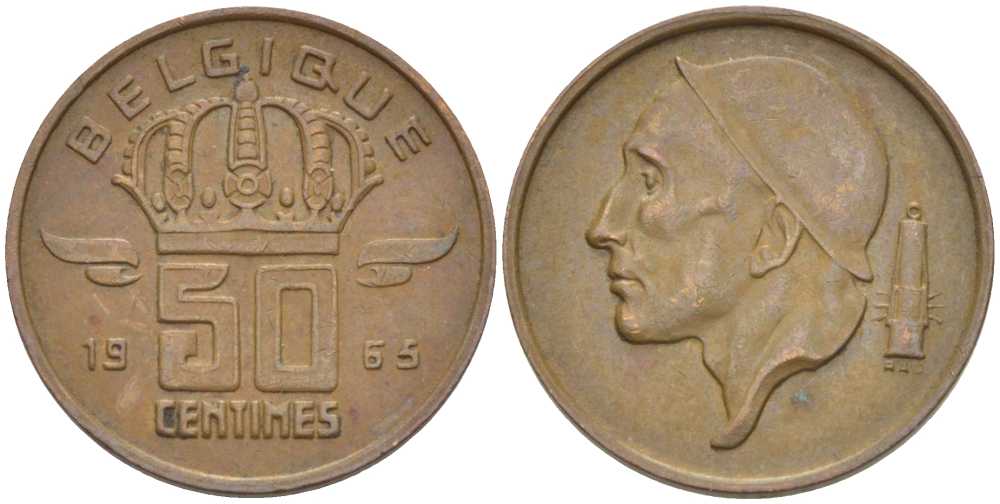 БЕЛЬГИЯ 50 САНТИМОВ 1965 BELGIQUE KM 148.1 бронза 96-1212