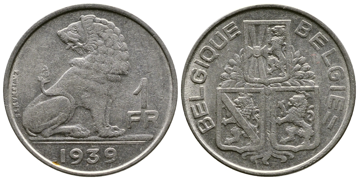 Бельгия 1 франк 1939 Леопольд III (1934-1950), Belgique-Belgie, лев KM 119 никель 179-954