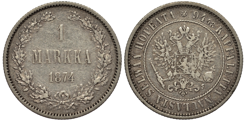 Россия для Финляндии 1 марка 1874 S, Александр II (1855-1881) KM 3.1, Биткин 631 серебро 413-4032