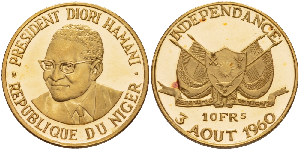 Нигер 10 франков 1960 Президент Амани Диори (Hamani Diori), годовщина независимости KM 1 золото PROOF 00-808-43