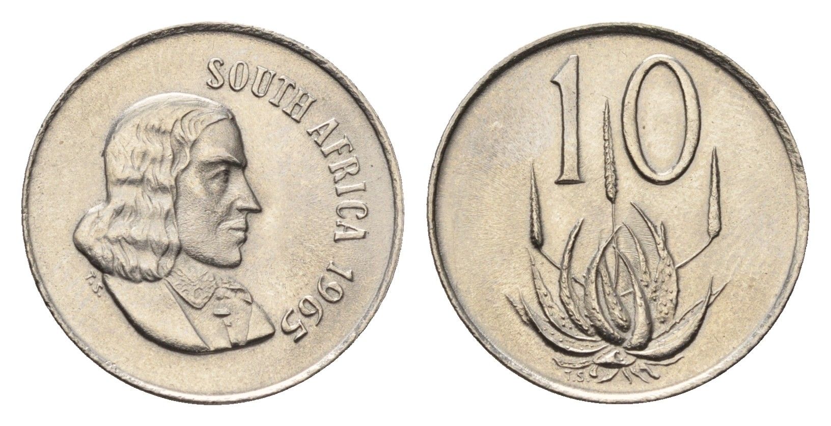 ЮАР 10 центов 1965 Ян ван Рибек (1619-1677), South Africa, легенда на африкаанс, цветок алоэ KM 68.1 никель UNC 4690-1048