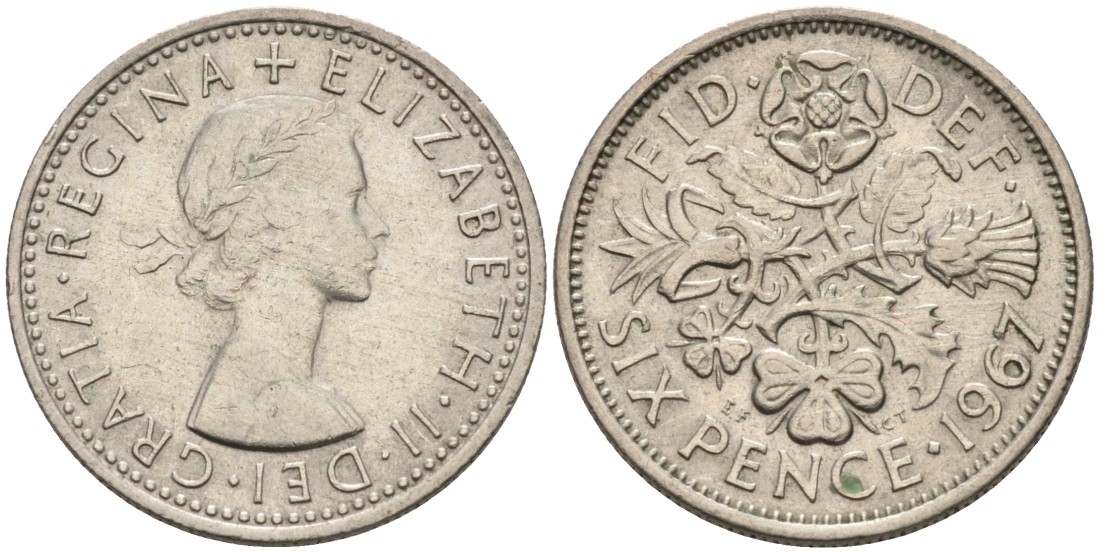 Великобритания 6 пенсов 1967 Елизавета II (1952-2022) KM 903, Spink 4149 медно-никель 4561-1056