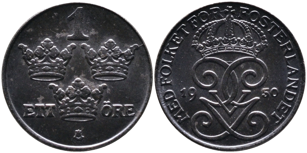 Швеция 1 эре 1950 Густав V (1907-1950) KM 810 железо 4387-547
