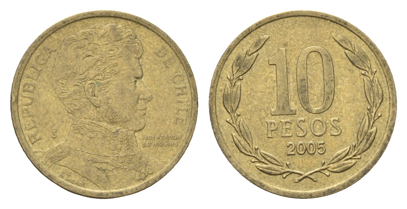 Чили 10 песо 2005 KM 228 никель латунь 4702-465