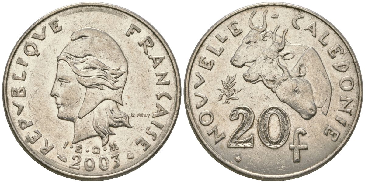 Французская Новая Каледония 20 франков 2002 три быка, (IEOM) KM 12, Schoen 14, Lec 115f никель 81-522