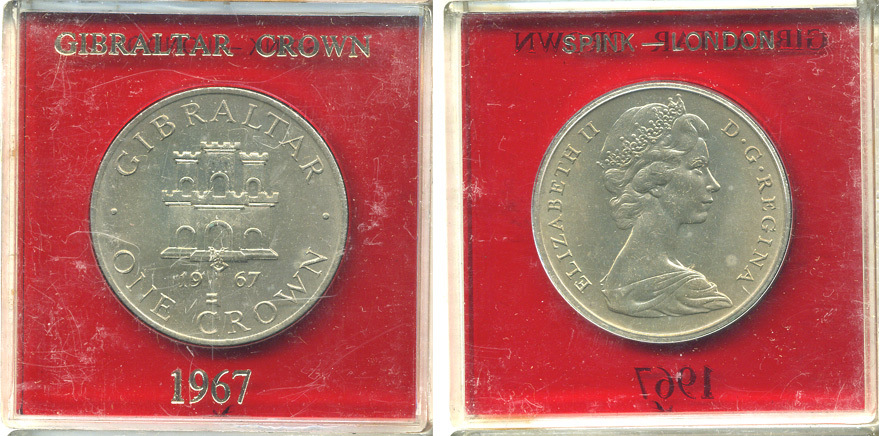 Гибралтар 1 крона 1967 Елизавета II (1952-2022), старый замок, в оригинальной пластиковой коробке, первый год чекана KM 4 медно-никель UNC 6-6-1-14