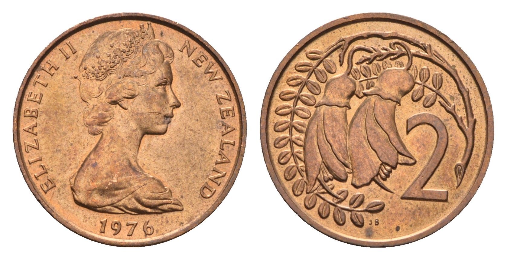 Новая Зеландия 2 цента 1976 Елизавета II (1952-2022), два цветка кохаи KM 32 бронза UNC 4657-623