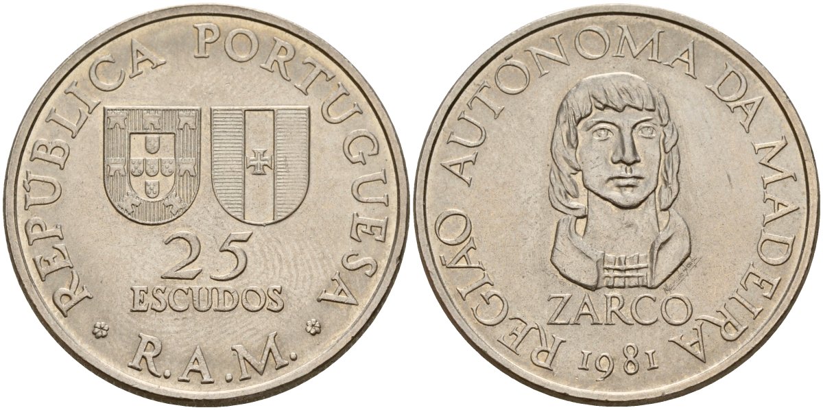 Португалия, Мадейра 25 эскудо 1981 Жуан Гонсалвиш Зарку KM 4 медно-никель 4140-636