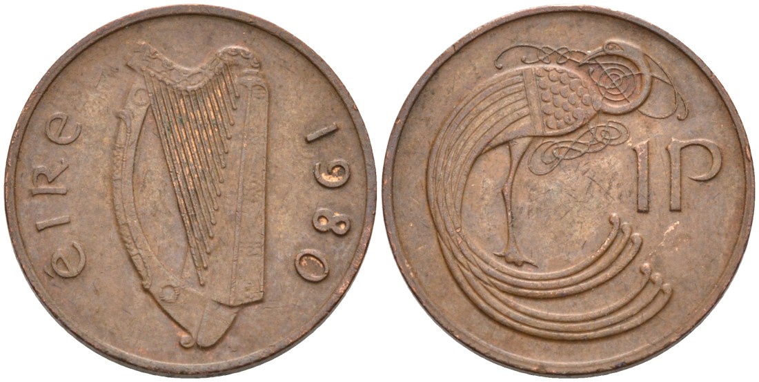 Ирландия 1 пенни 1980 птичка KM 20 бронза 92-152