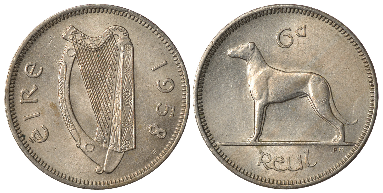 ИРЛАНДИЯ 6 ПЕНСОВ 1958 ИРЛАНДСКИЙ ВОЛКОДАВ KM 13a медно-никель XF 3334-141