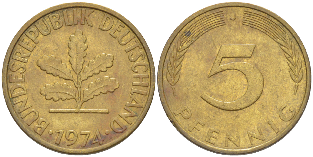 ФРГ 5 ПФЕННИГОВ 1974 J KM 107, J. 382 сталь плакированная латунью 4181-942