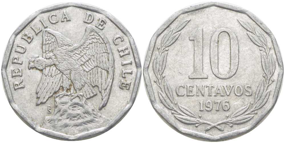 Чили 10 сентаво 1976 KM 205a алюминий 4402-346