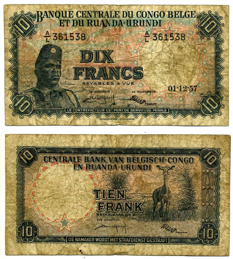 Бельгийское Конго 10 франков 1957 1 декабря 1957, Солдат "Общественных сил" (Аскари), антилопа Pick 30 b бумага 2119-5-1-1