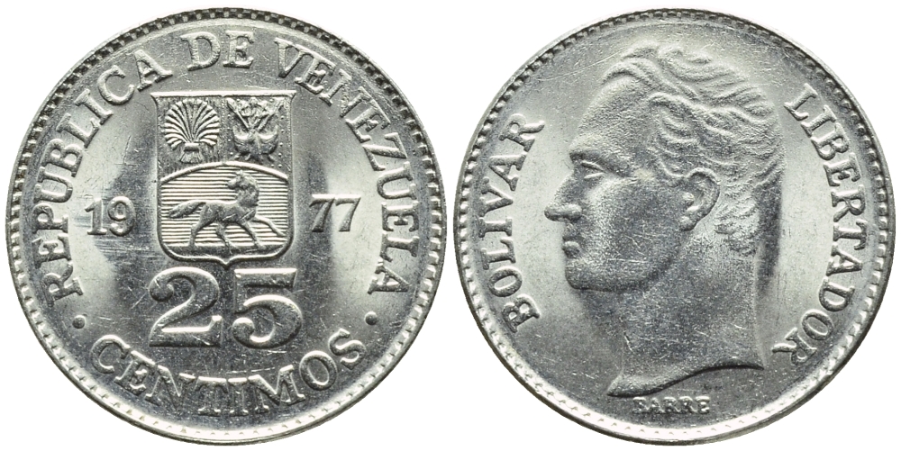 Венесуэла 25 сентимо 1977 Симон Боливар KM 50.2 никель 4392-957