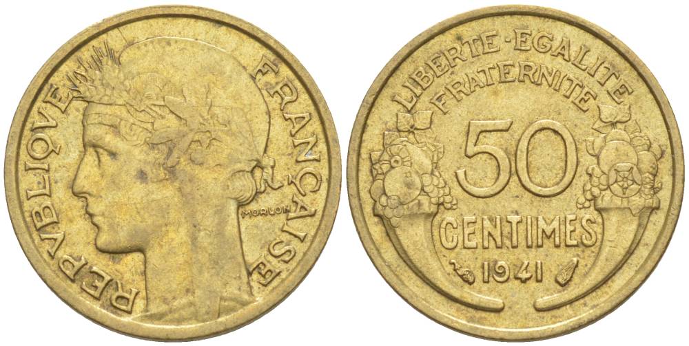 ФРАНЦИЯ 50 САНТИМОВ 1941 ТИП MORLON KM 894.1, LE FRANC 192.18 алюминиевая бронза 44-458