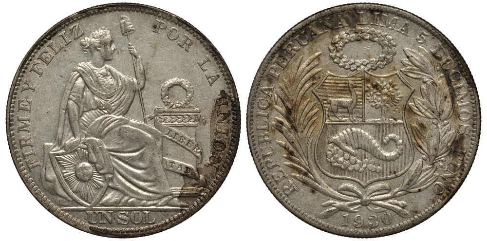 Перу 1 соль 1930 KM 218.2 серебро aUNC 272-845