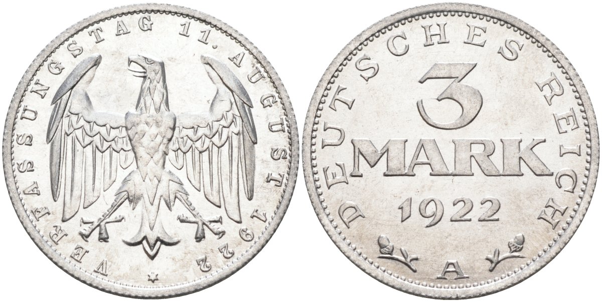 Германия 3 марки 1922 A, третья годовщина Веймарской Конституции KM 29, J.303 алюминий UNC 4587-216