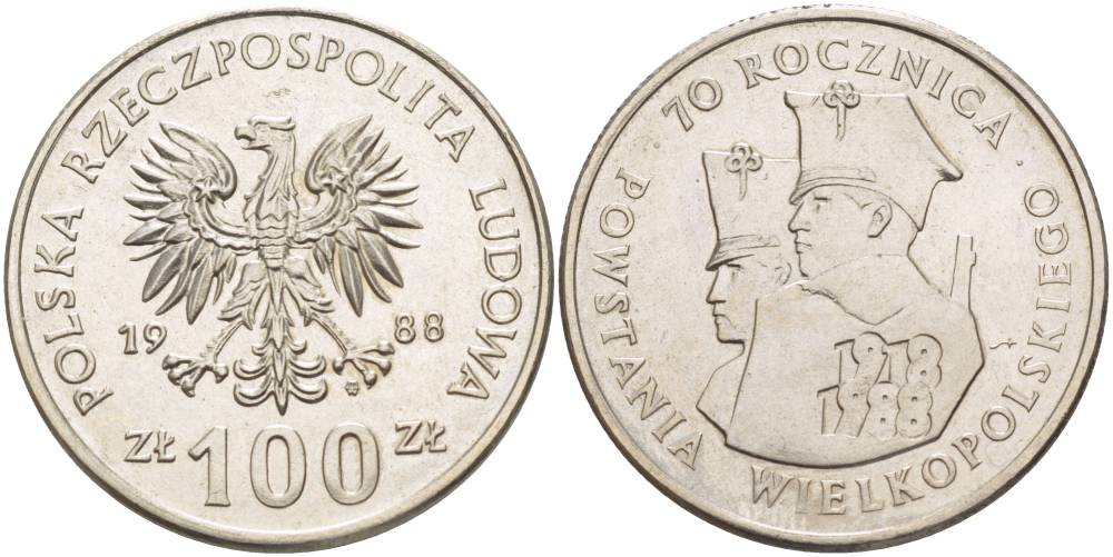 ПОЛЬША 100 ЗЛОТЫХ 1988 MW, 70 ЛЕТ ВЕЛИКОПОЛЬСКОГО ВОССТАНИЯ KM 182 медно-никель 4542-1033