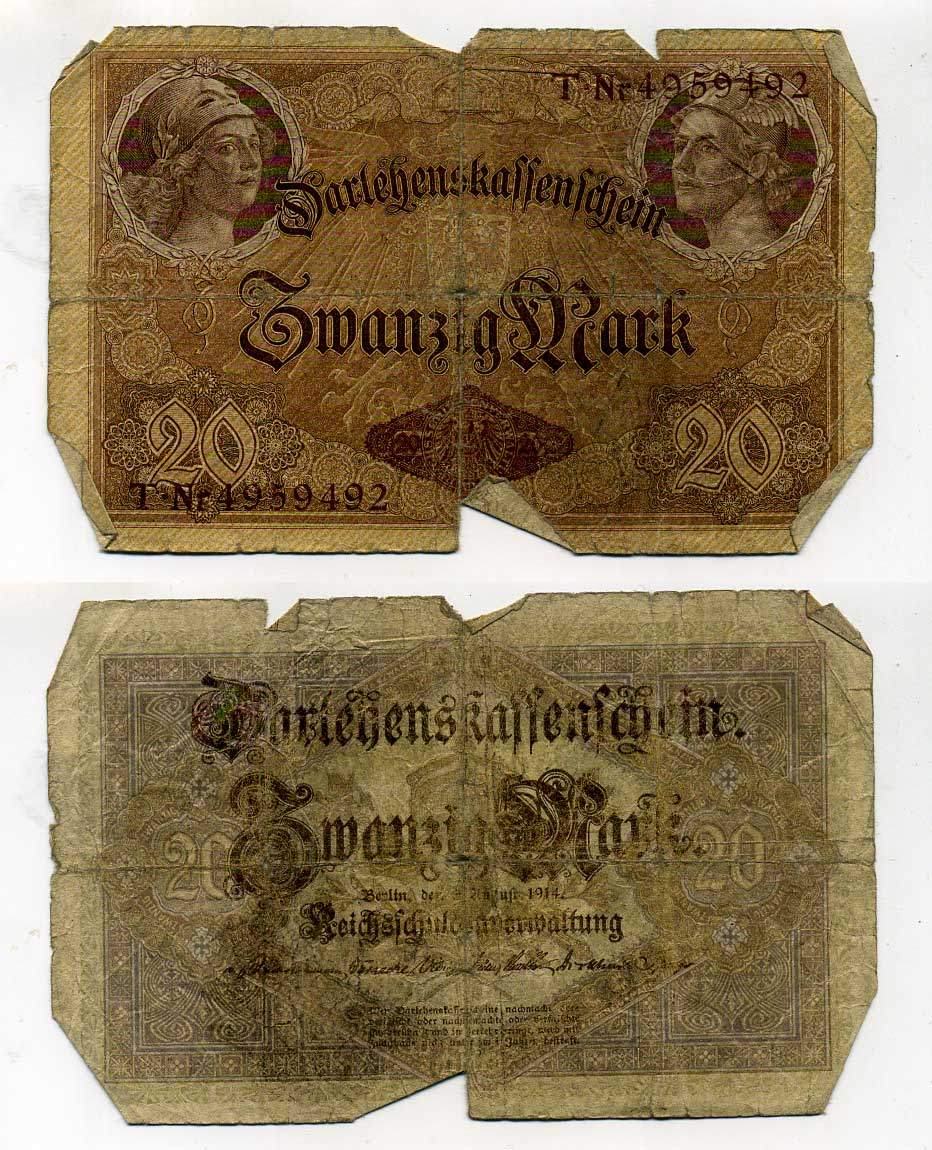 ГЕРМАНИЯ 20 МАРОК 1914 7 значный номер Pick 48 b бумага 6283-27-3