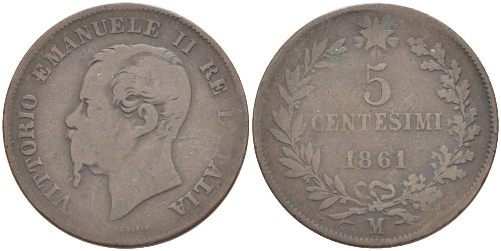 ИТАЛИЯ 5 ЧЕНТЕЗИМО 1861 М, МОНДВОР МИЛАН, ВИКТОР ЭММАНУИЛ II (1861-1878) KM 3.2 медь 4182-1255