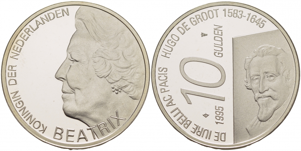 Нидерланды 10 гульденов 1995 300 лет со дня смерти Хьюго Грута, королева Беатрикс KM 220 серебро PROOF 1081-5-44