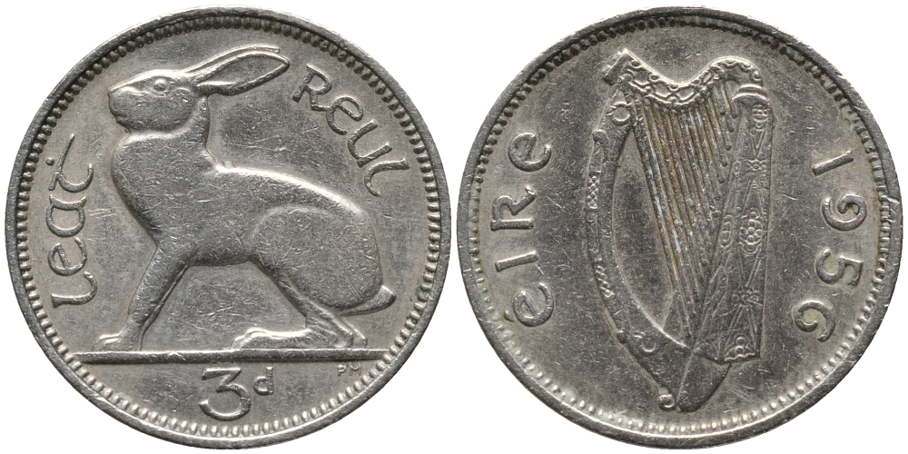 Ирландия 3 пенса 1956 заяц KM 12а медно-никель 4387-1037