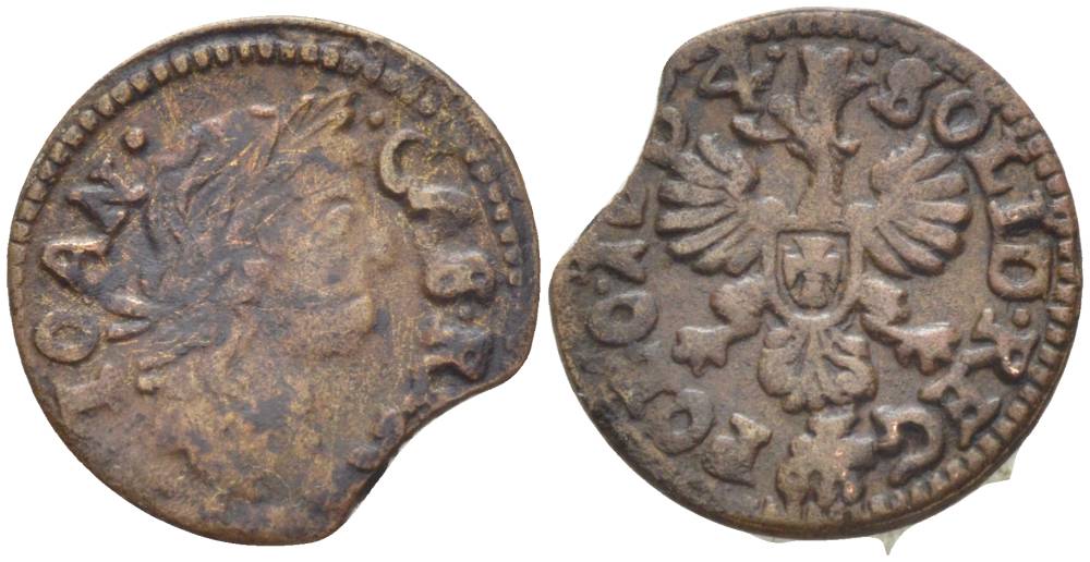 Польша 1 солид (шелаг, шиллинг) 1664 Ян II Казимир Ваза (1649-1668), боратынка, вес 1,26 гр. KM 110 медь 66-229